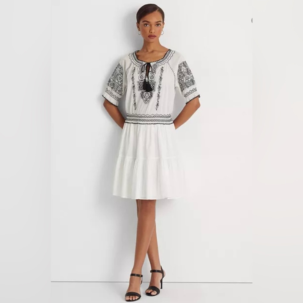 Lauren Ralph Lauren-Cotton Embroidered Smocked Dress